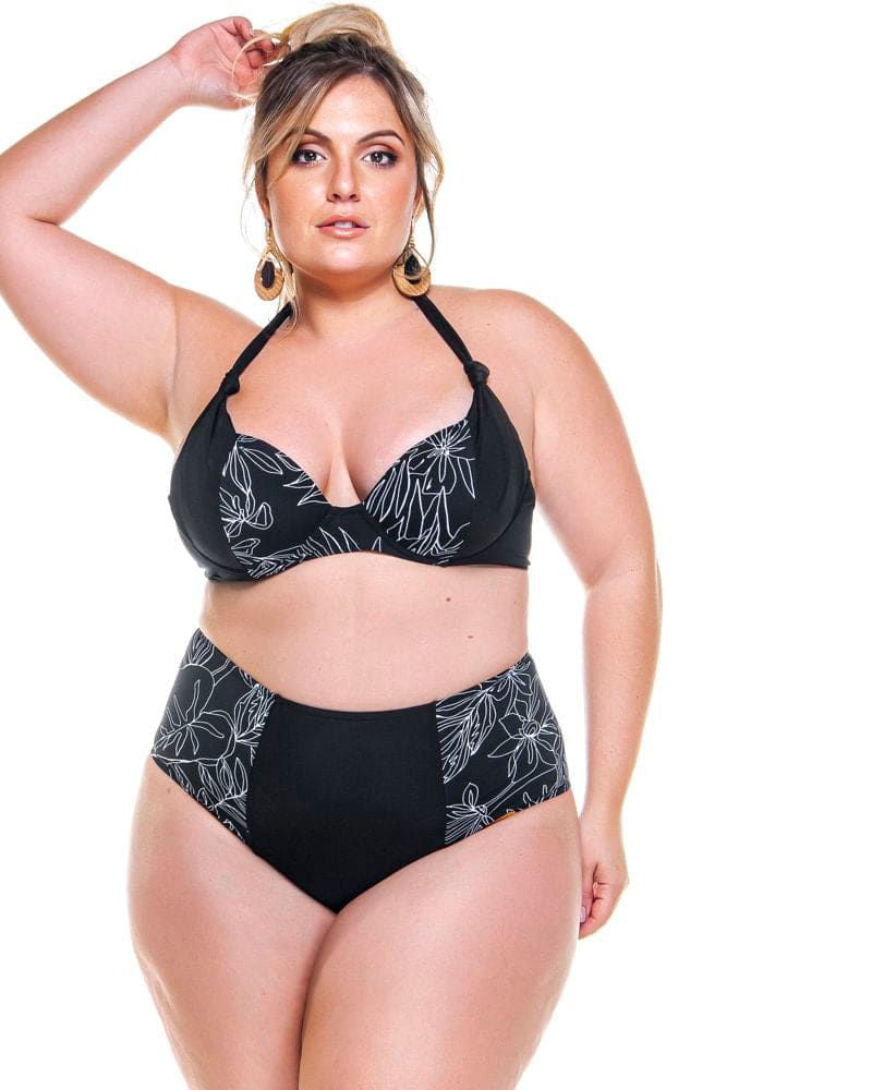 Front of a model wearing a size 12 Two Colored High Waisted Bikini Bottom in floral and black white by Lehona. | dia_product_style_image_id:267937